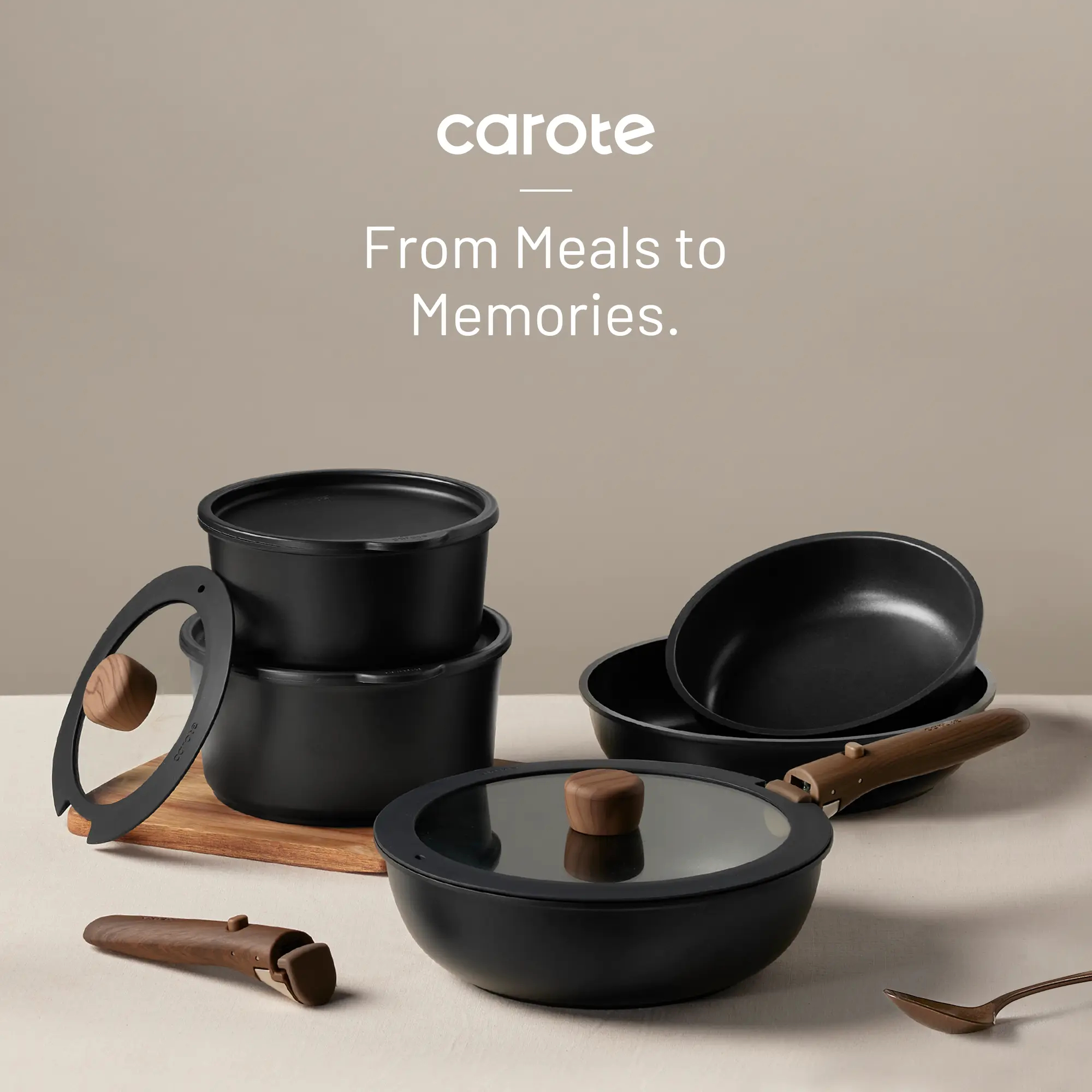CAROTE 19/22/26pcs Pots and Pans Non Stick, Wooden Detachable Handle, Cookware Sets Induction Kitchen Pots and Pans,NonStick Cooking Set, Oven/Dishwasher/Fridge Safe, Space Saving